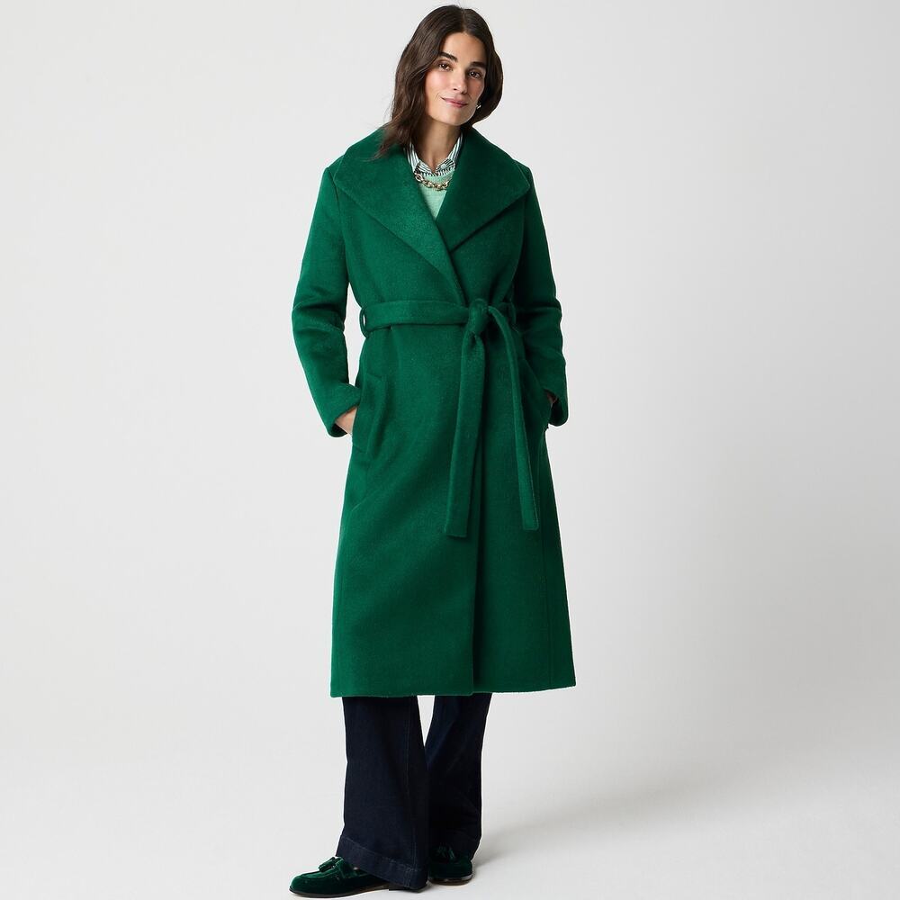 J. Crew Women's Belted wrap Coat Long Sleeve Dark Green Size 12 Petite NWT